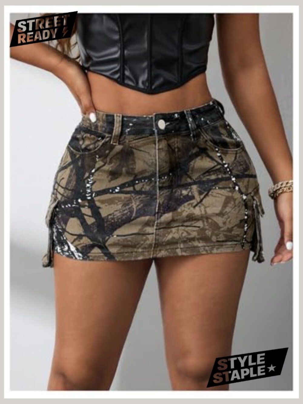 Y2k Camo Print Mini Cargo Skirt Low Rise Bodycon with Flap Pockets - Picture 4 of 6